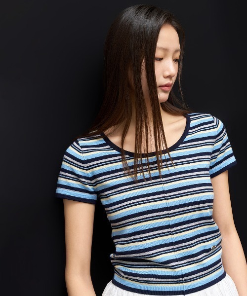 GENERAL IDEA（ジェネラルアイデア）の「GENERAL IDEA/ジェネラルアイディア multi stripe u-neck half knit 半袖ニット（ニット/セーター・レディース・ブルー/ピンク/グリーン・L/S/M）」の3枚目の写真