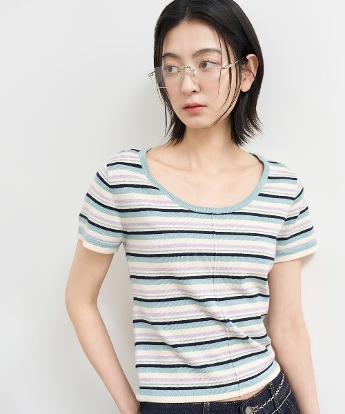 GENERAL IDEA（ジェネラルアイデア）の「GENERAL IDEA/ジェネラルアイディア multi stripe u-neck half knit 半袖ニット（ニット/セーター・レディース・ブルー/ピンク/グリーン・L/S/M）」の2枚目の写真
