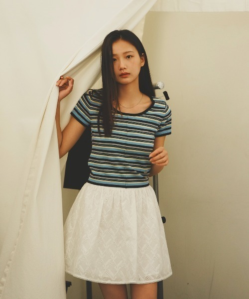 GENERAL IDEA（ジェネラルアイデア）の「GENERAL IDEA/ジェネラルアイディア multi stripe u-neck half knit 半袖ニット（ニット/セーター・レディース・ブルー/ピンク/グリーン・L/S/M）」の6枚目の写真