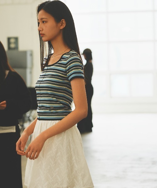 GENERAL IDEA（ジェネラルアイデア）の「GENERAL IDEA/ジェネラルアイディア multi stripe u-neck half knit 半袖ニット（ニット/セーター・レディース・ブルー/ピンク/グリーン・L/S/M）」の7枚目の写真