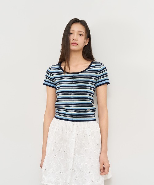 GENERAL IDEA（ジェネラルアイデア）の「GENERAL IDEA/ジェネラルアイディア multi stripe u-neck half knit 半袖ニット（ニット/セーター・レディース・ブルー/ピンク/グリーン・L/S/M）」の10枚目の写真