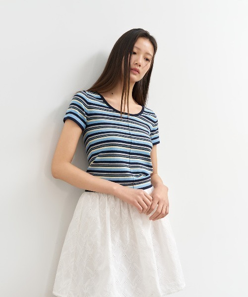 GENERAL IDEA（ジェネラルアイデア）の「GENERAL IDEA/ジェネラルアイディア multi stripe u-neck half knit 半袖ニット（ニット/セーター・レディース・ブルー/ピンク/グリーン・L/S/M）」の12枚目の写真