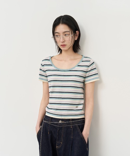 GENERAL IDEA（ジェネラルアイデア）の「GENERAL IDEA/ジェネラルアイディア multi stripe u-neck half knit 半袖ニット（ニット/セーター・レディース・ブルー/ピンク/グリーン・L/S/M）」の15枚目の写真