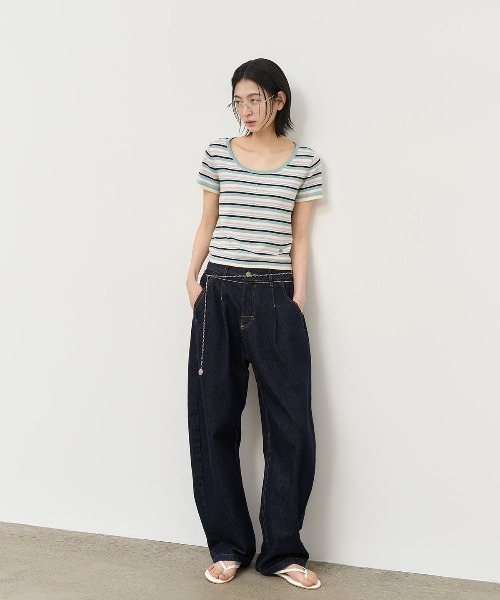 GENERAL IDEA（ジェネラルアイデア）の「GENERAL IDEA/ジェネラルアイディア multi stripe u-neck half knit 半袖ニット（ニット/セーター・レディース・ブルー/ピンク/グリーン・L/S/M）」の16枚目の写真
