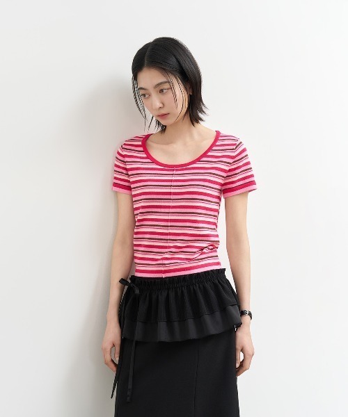 GENERAL IDEA（ジェネラルアイデア）の「GENERAL IDEA/ジェネラルアイディア multi stripe u-neck half knit 半袖ニット（ニット/セーター・レディース・ブルー/ピンク/グリーン・L/S/M）」の17枚目の写真