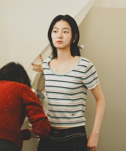 GENERAL IDEA（ジェネラルアイデア）の「GENERAL IDEA/ジェネラルアイディア multi stripe u-neck half knit 半袖ニット（ニット/セーター・レディース・ブルー/ピンク/グリーン・L/S/M）」の19枚目の写真