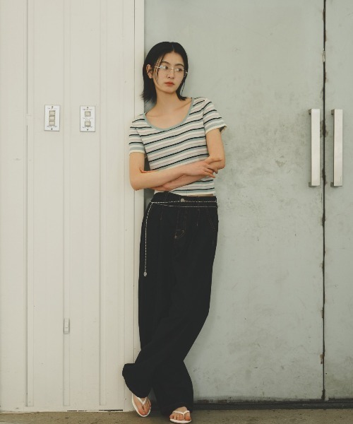 GENERAL IDEA（ジェネラルアイデア）の「GENERAL IDEA/ジェネラルアイディア multi stripe u-neck half knit 半袖ニット（ニット/セーター・レディース・ブルー/ピンク/グリーン・L/S/M）」の20枚目の写真