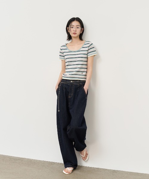 GENERAL IDEA（ジェネラルアイデア）の「GENERAL IDEA/ジェネラルアイディア multi stripe u-neck half knit 半袖ニット（ニット/セーター・レディース・ブルー/ピンク/グリーン・L/S/M）」の21枚目の写真