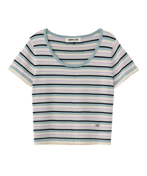 GENERAL IDEA（ジェネラルアイデア）の「GENERAL IDEA/ジェネラルアイディア multi stripe u-neck half knit 半袖ニット（ニット/セーター・レディース・ブルー/ピンク/グリーン・L/S/M）」の4枚目の写真