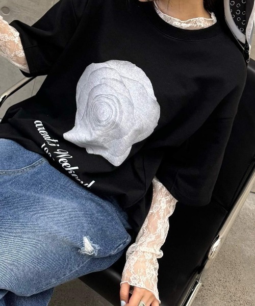 SHEPP(シープ)の「フラワーモチーフ レースシアーロンT(Tシャツ/カットソー・レディース・ブラック/アイボリー/ホワイト・F)」の5枚目の写真