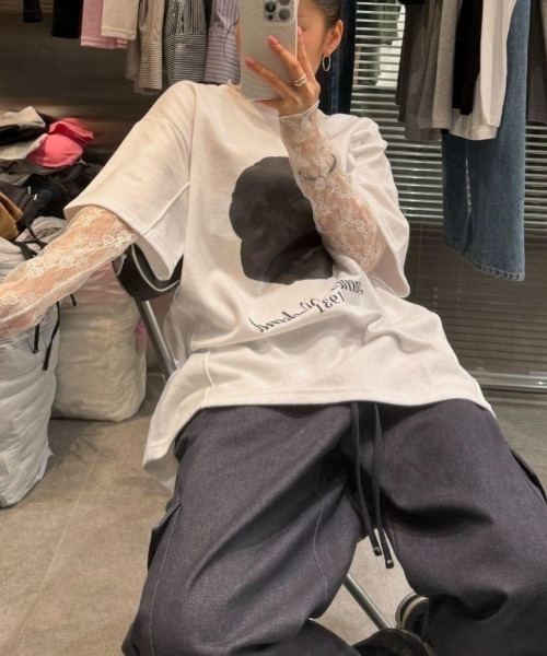 SHEPP(シープ)の「フラワーモチーフ レースシアーロンT(Tシャツ/カットソー・レディース・ブラック/アイボリー/ホワイト・F)」の9枚目の写真