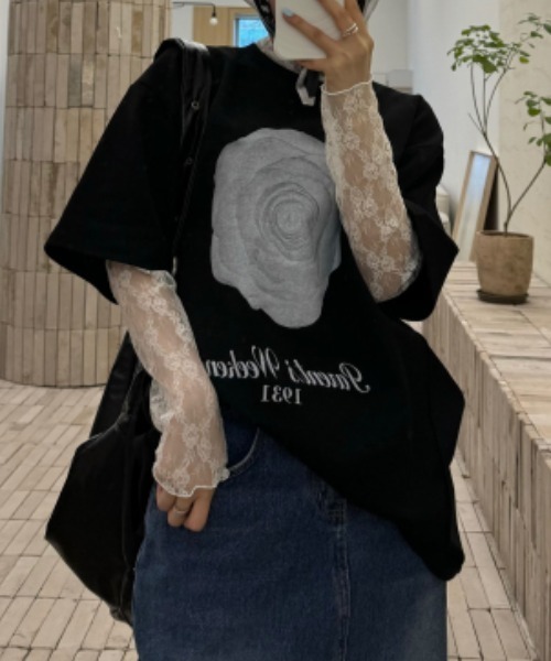 SHEPP(シープ)の「フラワーモチーフ レースシアーロンT(Tシャツ/カットソー・レディース・ブラック/アイボリー/ホワイト・F)」の12枚目の写真