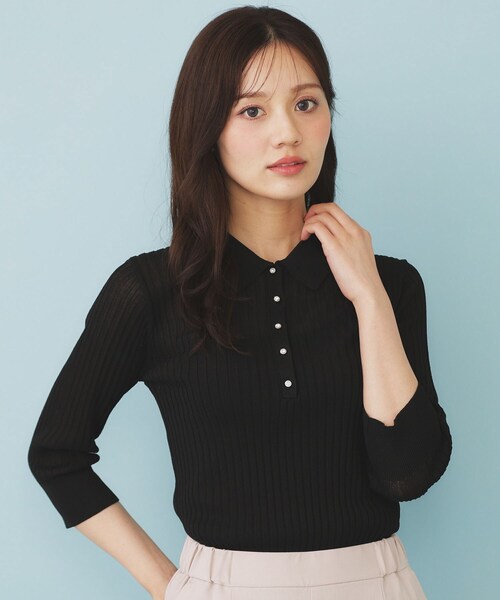 index（インデックス）の「シアーリブ衿付きニット【洗濯機洗い可/抗ピル】（ニット/セーター・レディース・グレー/グリーン/ブラック・36/40/38）」の2枚目の写真