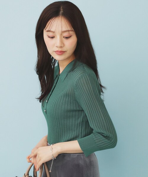 index（インデックス）の「シアーリブ衿付きニット【洗濯機洗い可/抗ピル】（ニット/セーター・レディース・グレー/グリーン/ブラック・36/40/38）」の6枚目の写真