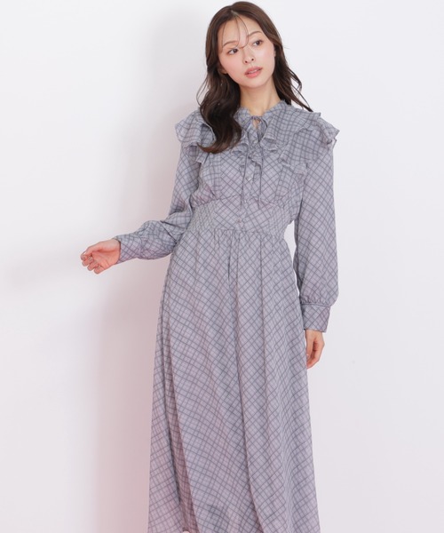 セール】◇ベロア配色チェックラッフルワンピース（ワンピース）｜JILL