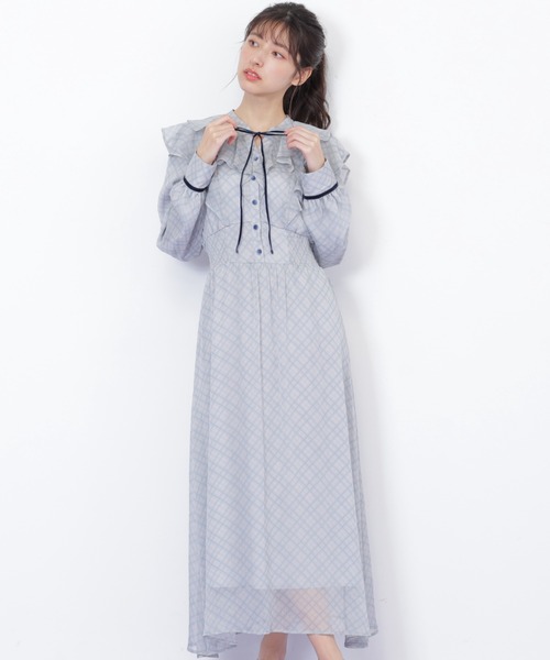 JILL by JILL STUART(ジルバイジルスチュアート)の「◇ベロア配色チェックラッフルワンピース(ワンピース・レディース・パープル系その他/グレー系その他/グリーン系その他・FREE)」の2枚目の写真