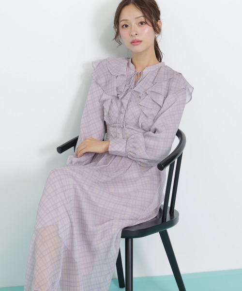 JILL by JILL STUART(ジルバイジルスチュアート)の「◇ベロア配色チェックラッフルワンピース(ワンピース・レディース・パープル系その他/グレー系その他/グリーン系その他・FREE)」の3枚目の写真