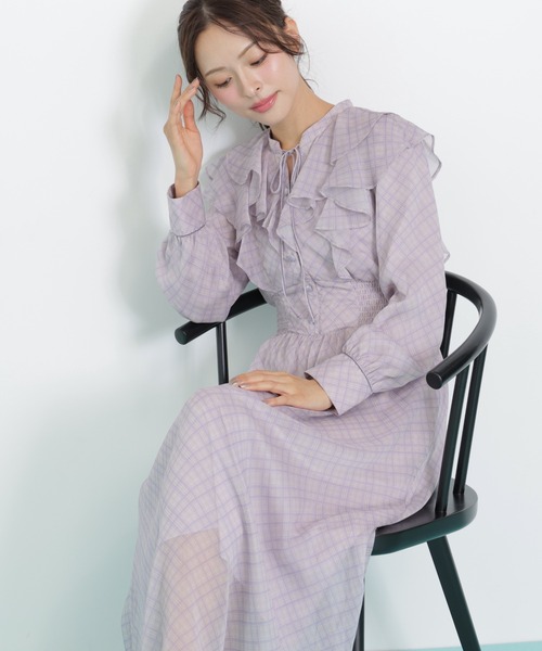 JILL by JILL STUART(ジルバイジルスチュアート)の「◇ベロア配色チェックラッフルワンピース(ワンピース・レディース・パープル系その他/グレー系その他/グリーン系その他・FREE)」の5枚目の写真