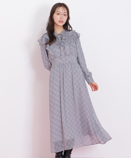 JILL by JILL STUART(ジルバイジルスチュアート)の「◇ベロア配色チェックラッフルワンピース(ワンピース・レディース・パープル系その他/グレー系その他/グリーン系その他・FREE)」の12枚目の写真