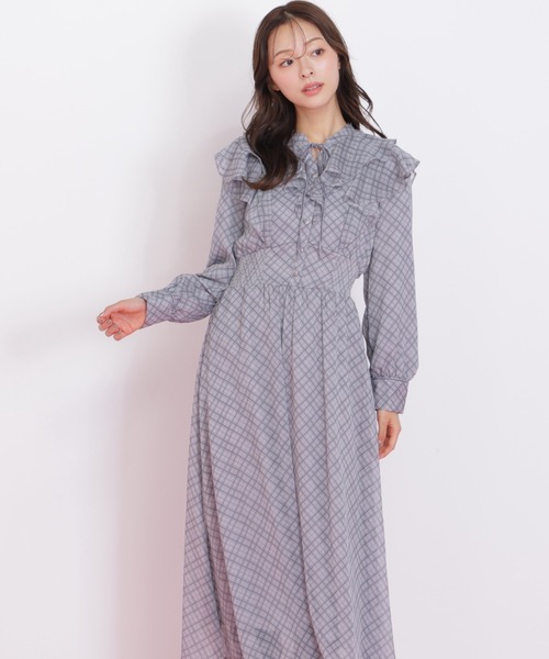 セール】◇ベロア配色チェックラッフルワンピース（ワンピース）｜JILL