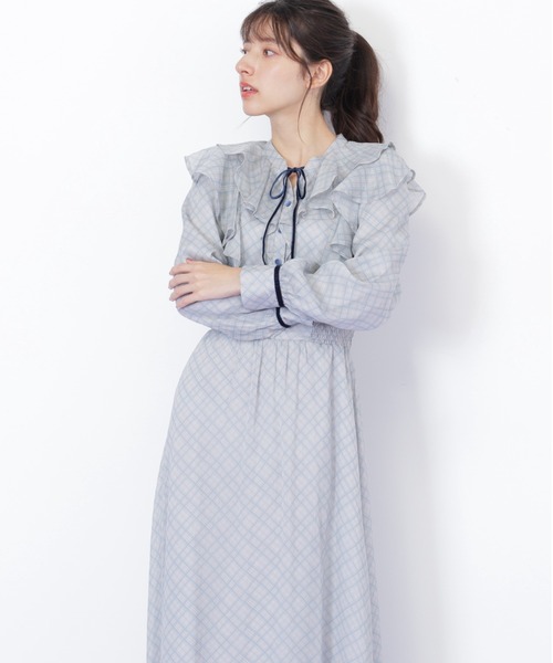 セール】◇ベロア配色チェックラッフルワンピース（ワンピース）｜JILL