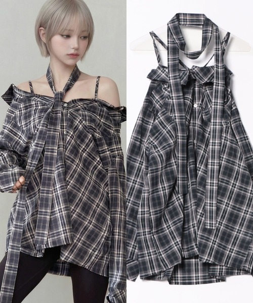 DURAS(デュラス)の「オフショルマルチチェックシャツ(シャツ/ブラウス・レディース・ブラウン/ネイビー/ブラック・FREE)」の3枚目の写真