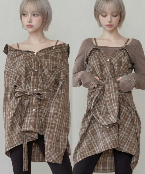 DURAS(デュラス)の「オフショルマルチチェックシャツ(シャツ/ブラウス・レディース・ブラウン/ネイビー/ブラック・FREE)」の2枚目の写真
