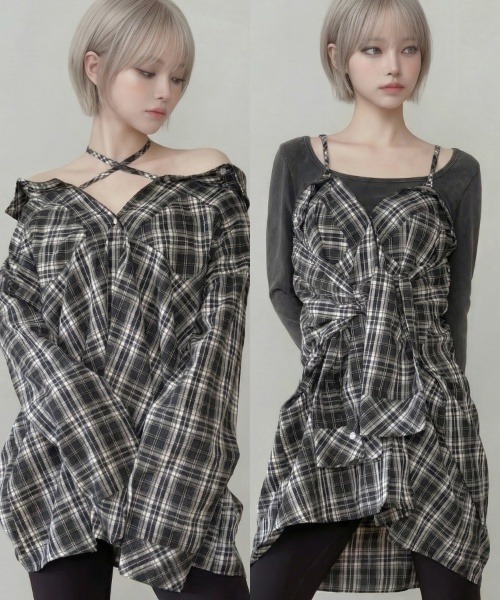 DURAS(デュラス)の「オフショルマルチチェックシャツ(シャツ/ブラウス・レディース・ブラウン/ネイビー/ブラック・FREE)」の1枚目の写真