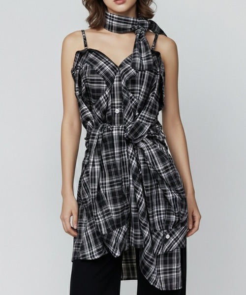 DURAS(デュラス)の「オフショルマルチチェックシャツ(シャツ/ブラウス・レディース・ブラウン/ネイビー/ブラック・FREE)」の6枚目の写真