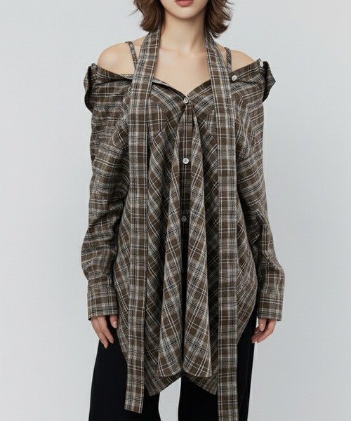 DURAS(デュラス)の「オフショルマルチチェックシャツ(シャツ/ブラウス・レディース・ブラウン/ネイビー/ブラック・FREE)」の11枚目の写真