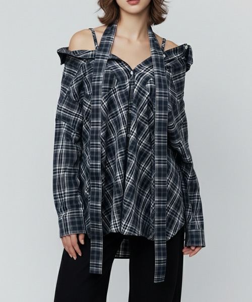 DURAS(デュラス)の「オフショルマルチチェックシャツ(シャツ/ブラウス・レディース・ブラウン/ネイビー/ブラック・FREE)」の12枚目の写真