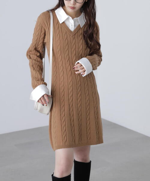 FREE'S MART（フリーズマート）の「◆レイヤード風ケーブルニットミニワンピース（ワンピース・レディース・ベージュ/ネイビー・SMALL/MEDIUM）」の2枚目の写真