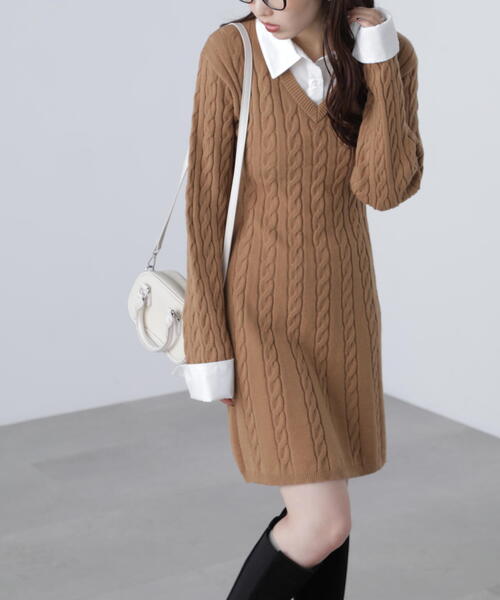 FREE'S MART（フリーズマート）の「◆レイヤード風ケーブルニットミニワンピース（ワンピース・レディース・ベージュ/ネイビー・SMALL/MEDIUM）」の4枚目の写真