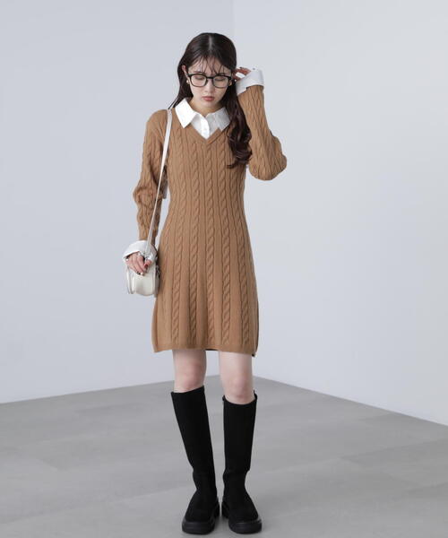 FREE'S MART（フリーズマート）の「◆レイヤード風ケーブルニットミニワンピース（ワンピース・レディース・ベージュ/ネイビー・SMALL/MEDIUM）」の8枚目の写真