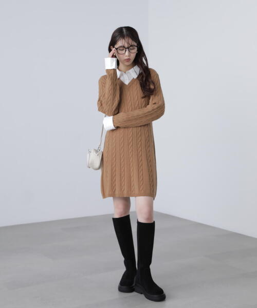 FREE'S MART（フリーズマート）の「◆レイヤード風ケーブルニットミニワンピース（ワンピース・レディース・ベージュ/ネイビー・SMALL/MEDIUM）」の9枚目の写真