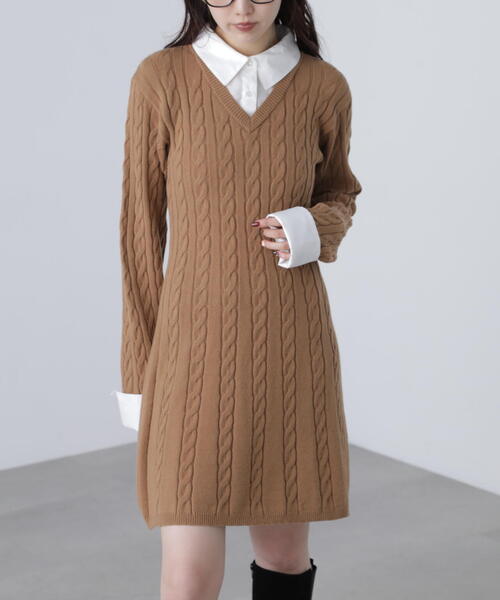 FREE'S MART（フリーズマート）の「◆レイヤード風ケーブルニットミニワンピース（ワンピース・レディース・ベージュ/ネイビー・SMALL/MEDIUM）」の10枚目の写真