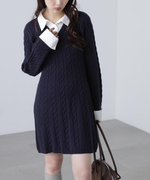 FREE'S MART（フリーズマート）の「◆レイヤード風ケーブルニットミニワンピース（ワンピース・レディース・ベージュ/ネイビー・SMALL/MEDIUM）」の20枚目の写真