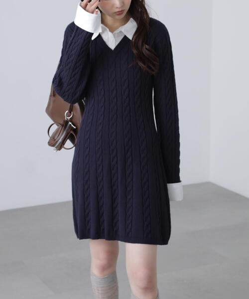 FREE'S MART（フリーズマート）の「◆レイヤード風ケーブルニットミニワンピース（ワンピース・レディース・ベージュ/ネイビー・SMALL/MEDIUM）」の22枚目の写真