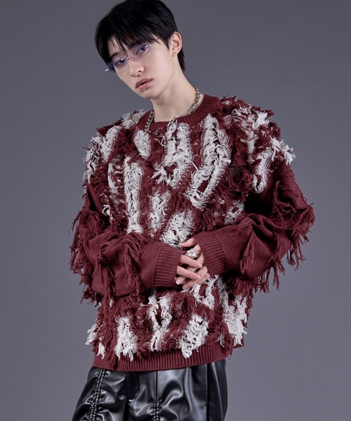 Ellno Loset（エルノロゼット）の「フリンジジャガードニットプルオーバー（ニット/セーター・メンズ・レッド/パープル/オフホワイト/ブラック・SMALL/MEDIUM/LARGE）」の4枚目の写真