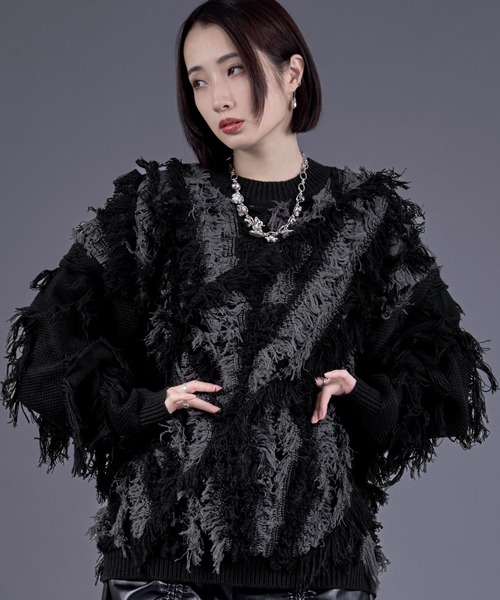 Ellno Loset（エルノロゼット）の「フリンジジャガードニットプルオーバー（ニット/セーター・メンズ・レッド/パープル/オフホワイト/ブラック・SMALL/MEDIUM/LARGE）」の3枚目の写真