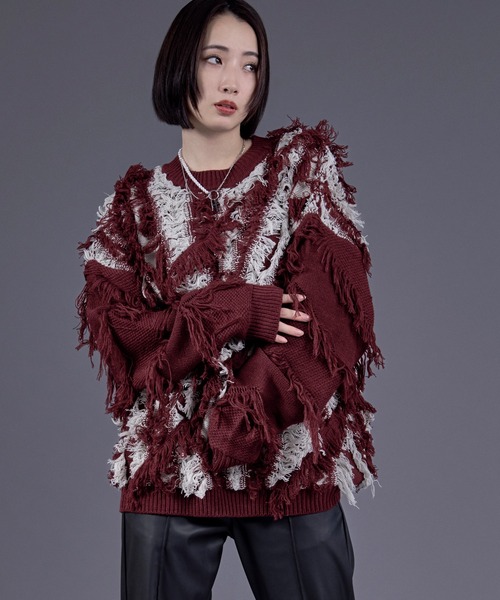 Ellno Loset（エルノロゼット）の「フリンジジャガードニットプルオーバー（ニット/セーター・メンズ・レッド/パープル/オフホワイト/ブラック・SMALL/MEDIUM/LARGE）」の18枚目の写真