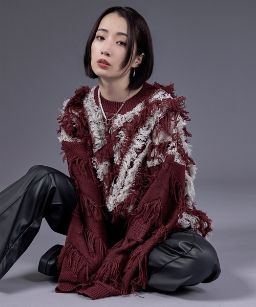 Ellno Loset（エルノロゼット）の「フリンジジャガードニットプルオーバー（ニット/セーター・メンズ・レッド/パープル/オフホワイト/ブラック・SMALL/MEDIUM/LARGE）」の14枚目の写真