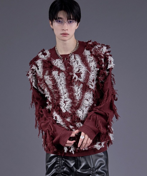 Ellno Loset（エルノロゼット）の「フリンジジャガードニットプルオーバー（ニット/セーター・メンズ・レッド/パープル/オフホワイト/ブラック・SMALL/MEDIUM/LARGE）」の9枚目の写真