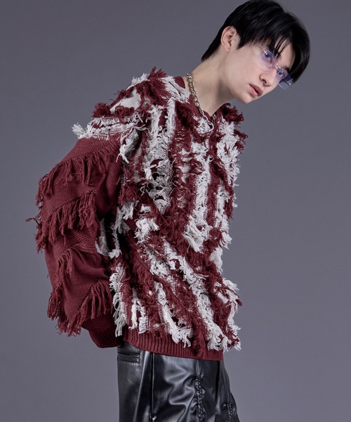 Ellno Loset（エルノロゼット）の「フリンジジャガードニットプルオーバー（ニット/セーター・メンズ・レッド/パープル/オフホワイト/ブラック・SMALL/MEDIUM/LARGE）」の11枚目の写真