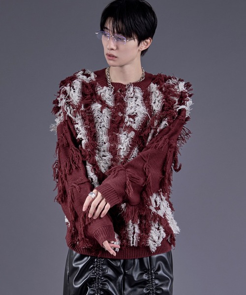 Ellno Loset（エルノロゼット）の「フリンジジャガードニットプルオーバー（ニット/セーター・メンズ・レッド/パープル/オフホワイト/ブラック・SMALL/MEDIUM/LARGE）」の10枚目の写真