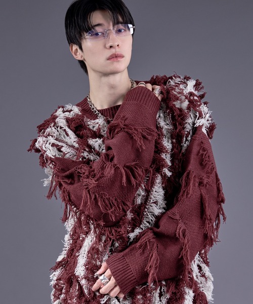 Ellno Loset（エルノロゼット）の「フリンジジャガードニットプルオーバー（ニット/セーター・メンズ・レッド/パープル/オフホワイト/ブラック・SMALL/MEDIUM/LARGE）」の8枚目の写真