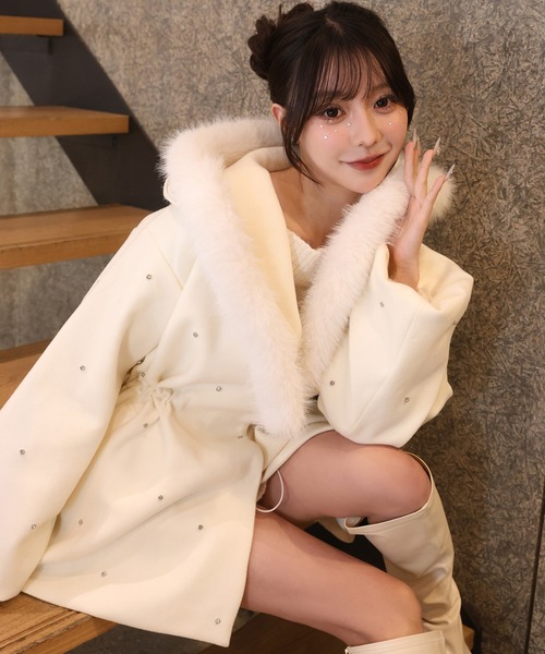 セール】ビジュー付き女の子コート（ノーカラーコート）｜one after