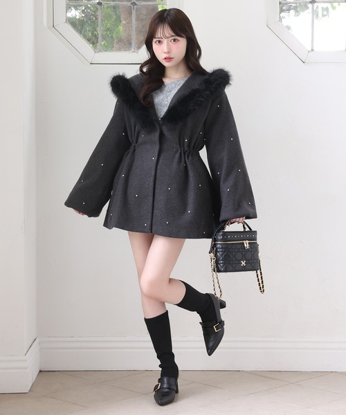 ビジュー付き女の子コート（ノーカラーコート）｜one after