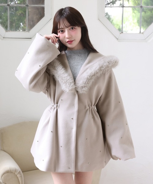 ヴィンテージ　コート　ビジュー セール】ビジュー付き女の子コート（ノーカラーコート）｜one