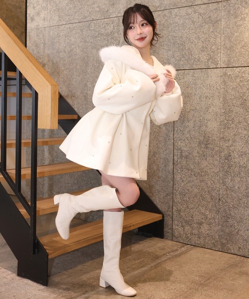 セール】ビジュー付き女の子コート（ノーカラーコート）｜one after